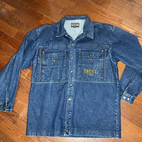 Vintage 90s TRUST USA Denim Utility Shirt Jacket XL Streetwear